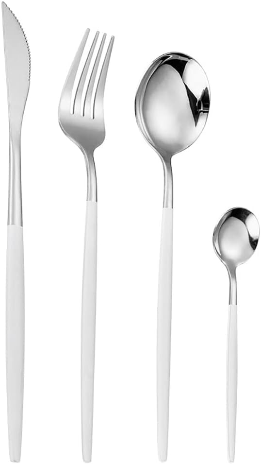 White Silverware Set for 10 Premium Stainless Steel Flatware Set Utensils 40 Piece Cutlery Tableware Set Include Knives Forks and Spoons Teaspoons for Home Kitchen Christmas Restaurant Mirror Polished