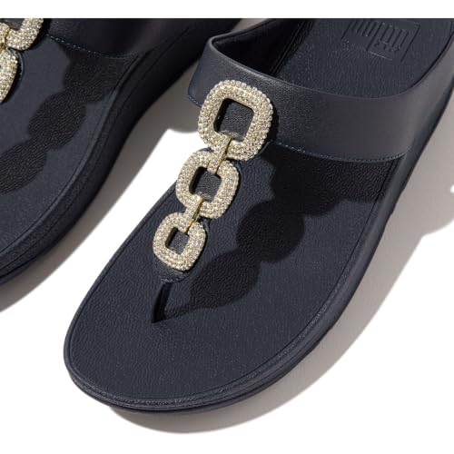 Image of FitFlop Women's Fino Classic Crystal-Chain Leather Toe-Post Sandals | Leather, Cushioning, Rhinestones, Casual, Slip-On
