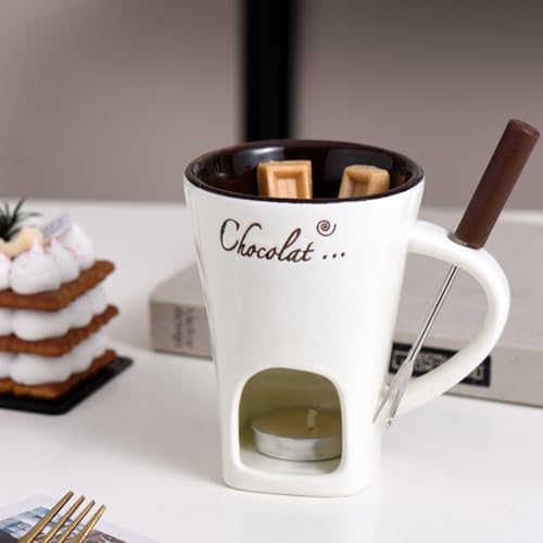 Ceramic Butter Warmer,130ml Ceramic Chocolate Fondue Mug - Multi-Purpose Butter Warmer with Fondue Fork, Creative Melt Hot Pot Cup for Picnics - 1