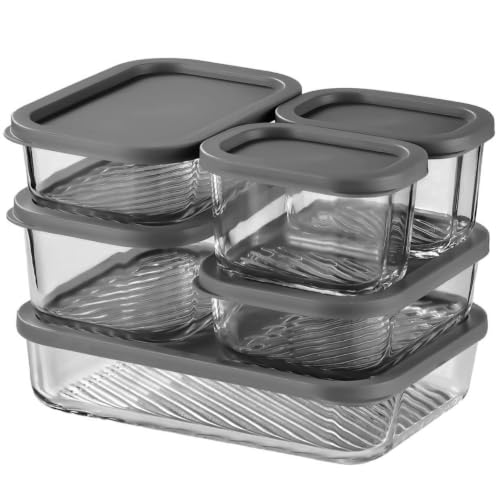 EATEX 6 Pack Glass Meal Prep Containers with Grooved Base, 6 Stackable BPA Free Glass Storage Containers with Lids for Lunch, Pantry, and Kitchen - Microwave, Dishwasher Freezer & Oven Safe - Grey