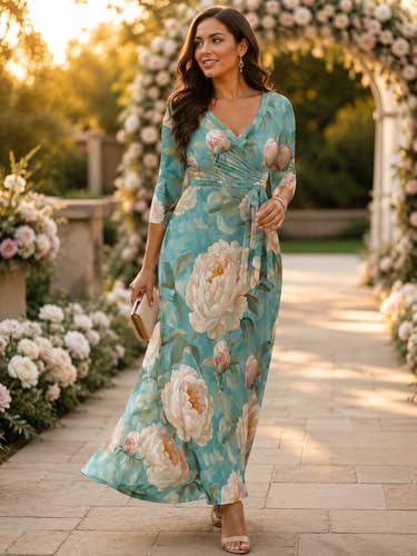 Image of Plus Size Maxi Dress for Women V Neck 3 /4 Sleeve Wrap Dress
