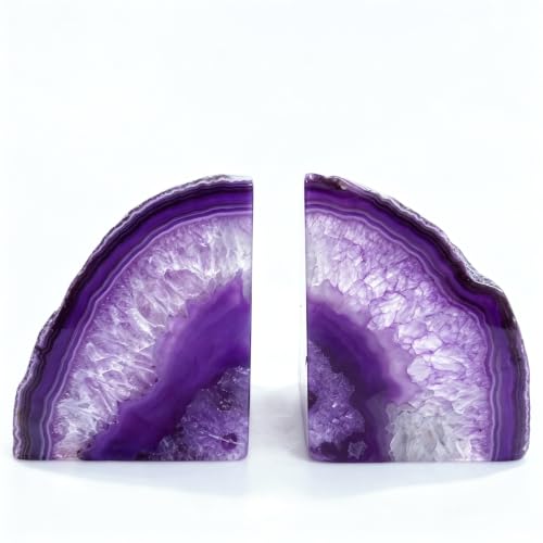 Geode Bookends 3-4 lbs Decorative Heavy Crystal Stone Book Ends for Shelves Dyed Purple 1 Pair