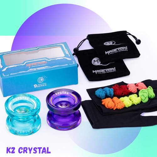 Image of MAGICYOYO Pack of 2 Responisve Yoyos -K2 Beginner Yo-yo for Kids with 2 Yo Yo Gloves, 2 Yo-Yo Bags, 12 Yoyo Strings (Crystal Green+Crystal Purple)