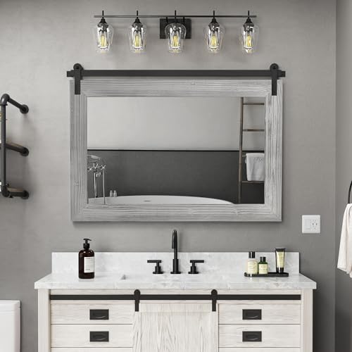 Image of COGOOD Bathroom Mirrors for Over Sink - 41 inch x 30 inch Farmhouse Barn Door Mirror for Living Room, Entryway, Bedroom, Vanity Wall Decor Grey