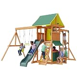 SunSwell Wooden Swing Sets for Backyard - Outdoor Playset with 8 FT Wave Slide, 2 Belt Swings, Play Deck, Monkey Bars, Rock Wall Ladder, Shaded Picnic Area, Snack Bar, Playground Sets,Green