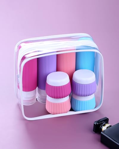 Image of Mrsdry Travel Bottles for Toiletries 8 Pack, Tsa Approved Travel Size Toiletries 3 oz, Travel Containers for Toiletries, with Clear Bag, Leak Proof Silicone Squeezable Travel Essentials Creams Jars