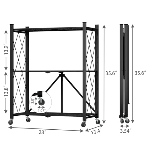 Image of 3 Tier Foldable Storage Shelf with Wheels Garage Shelving | Unit Loads 550 LBS, Metal Steel Collapsible Shelves, Rolling Standing Utility Rack for Kitchen, Pantry, Office, Black