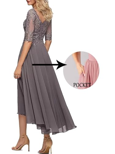 Lace Applique Mother of The Bride Dresses for Wedding Tea Length Half Sleeve Beaded Chiffon Formal Evening Dress3