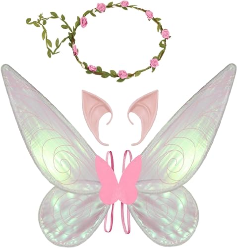 Euakee Feenflügel Erwachsene Kinder, Feenflügel Erwachsene Kranz-Tiara und Elfenohren, Damen Frauen Schmetterlingsflügel Funkelnde Engelsflügel Mädchen Halloween-Kostüm Partybevorzugung (Rosa)
