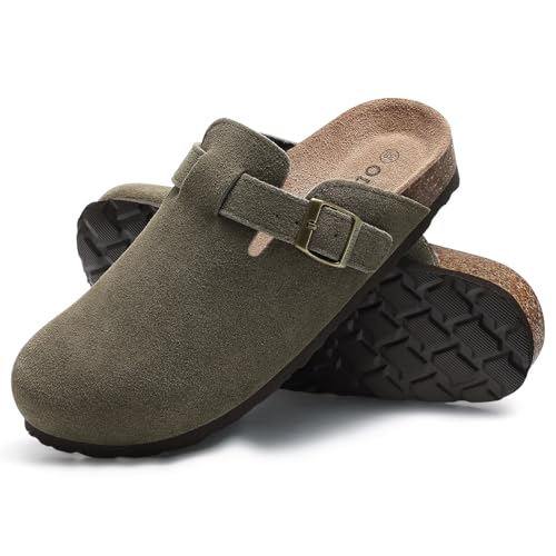 Image of ODOLY Genuine Suede Clogs for Women Men Soft Cork Footbed Leather Mules Comfort Potato Shoes with Arch Support