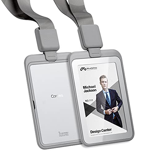 Phomo Self Retractable Id Badge Holder With Carabiner Reel Clip And Badge Lanyard, Heavy-Duty Id Card Holder For Neck, Vertical Style Transparent Hard Accessories Clear, (Holds1To2Cards) (Grey-5Pcs) #TOP5