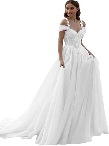 Vestidos de novia con hombros descubiertos para mujer 2024 apliques de encaje vestidos largos de tul para novia, 7blanco