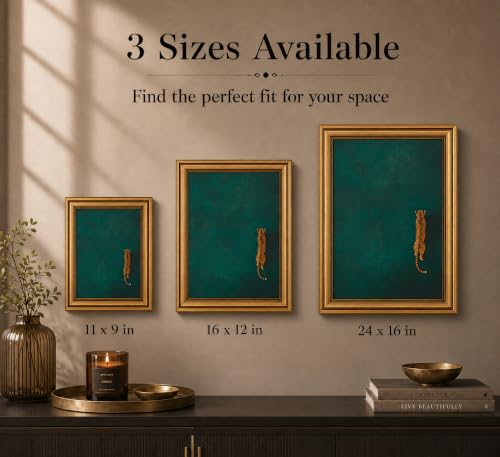 Image of Gold Framed 3D Textured Wall Art, Vintage Green Cheetah Canvas Prints, Minimalist Emerald Green Leopard Pictures Decor, Modern Trendy Animal Gallery Artwork for Living Room Bedroom Office 24x16 in