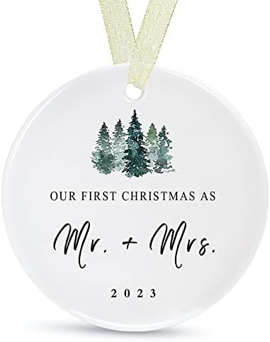 First Christmas as Mr and Mrs Ornament 2023,1st Year Wedding Ornament for Newlywed,Our First Married Christmas Ornament,Ceramic Hanging Decoration for Couples Just Married with Gift Box&Ribbon (2.9"