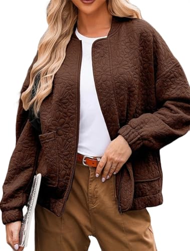 EUDOLAH Mujer Chaqueta Jacquard con Cremallera Talla Oversize Estilo Casual(XXL,Marrón oscuro)