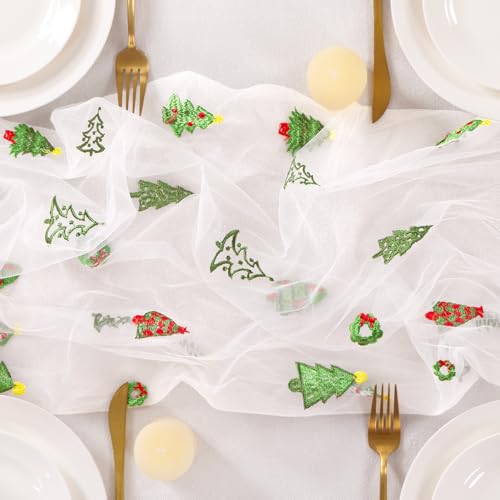 Image of Christmas Tree Embroidery Table Runner White Sheer Tulle Table Runner, 3PC