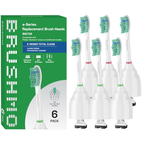Image of Brushmo e-Series Total Clean Replacement Toothbrush Heads, Compatible with Philips Sonicare Screw-on Electric Toothbrush Handles, 6 Standard Heads, Medium Firm Dupont Bristles, BM726, White