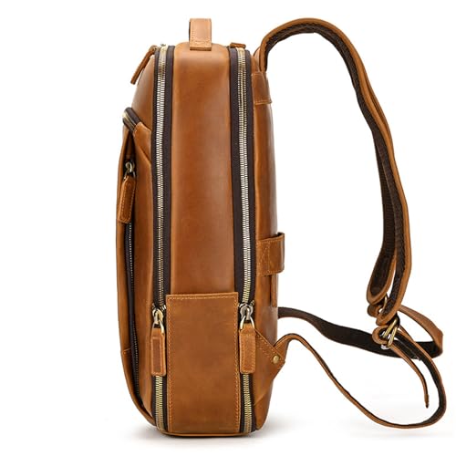 Mens Backpack Retro Shoulder Bag Leather Backpack Commuter Bag Leather Travel Bag for Camping Outdoor Sport,Light Brown-42x30x11cm3