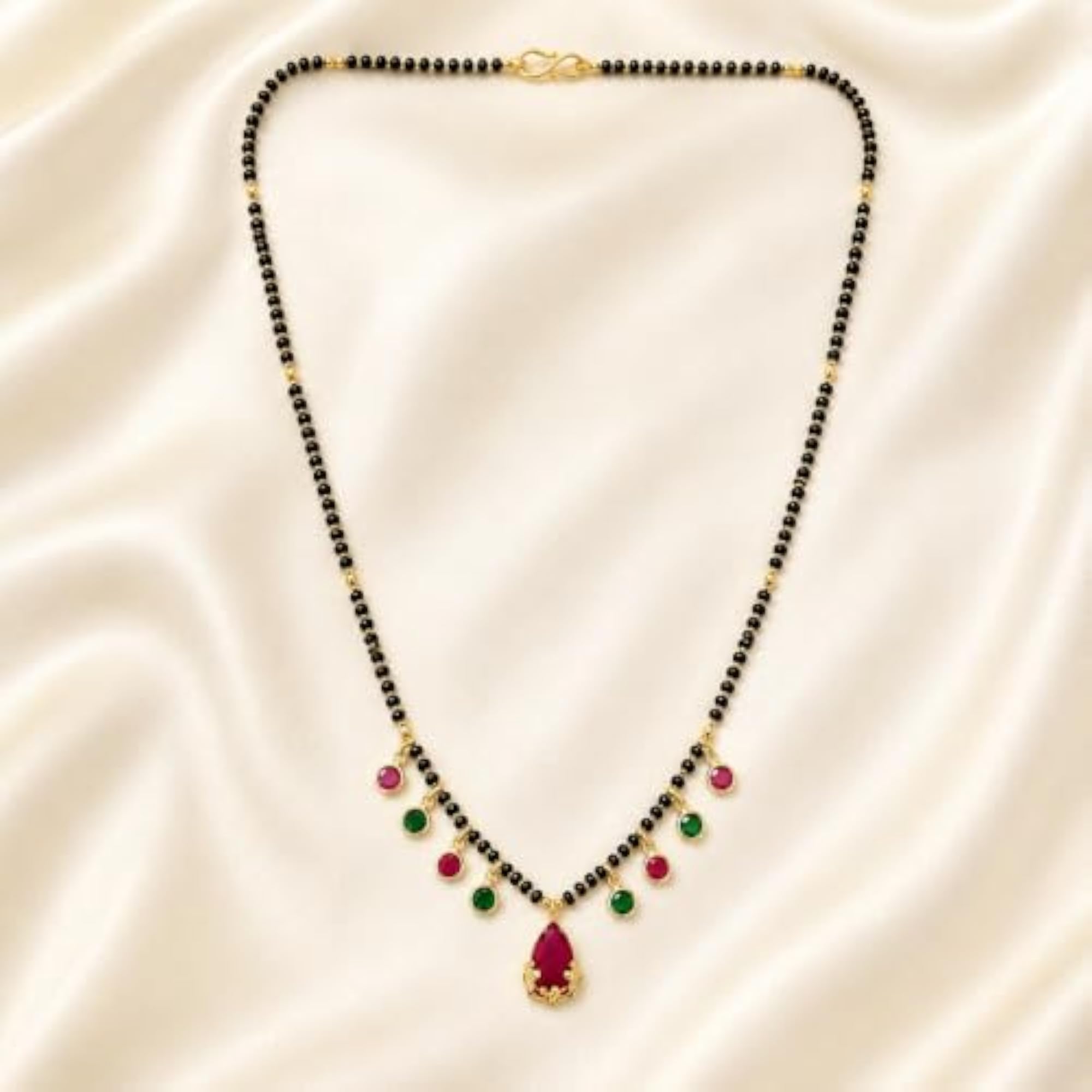 Women's Black Beads Mangalsutra with Multicolor Stone Drops & Pendant
