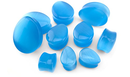 Urban Body Jewelry 1 Pair of 00 Gauge (00G - 10mm) Aqua Cat's Eye Glass Teardrop Plugs