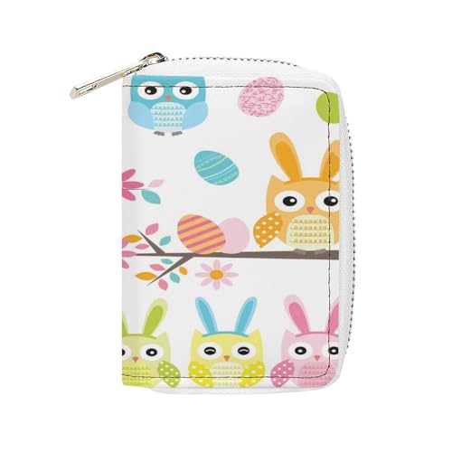 Women Leather Coin wallet, Key Change Organizer Zipper Card Holder Purse Clutch Pouch Pocket 4.5x3.15 in Print Easter Owl Cartoon Style Flowers Eggs Seamless on White