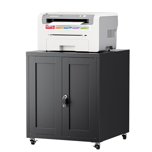 LVSTEEL Large Printer Stand with Storage and Lock, 3D Heavy-Duty Printer Cabinet, Printer Table for Home Office with Doors and Adjustable Shelves, for Office Copier and Fax Machine, Black