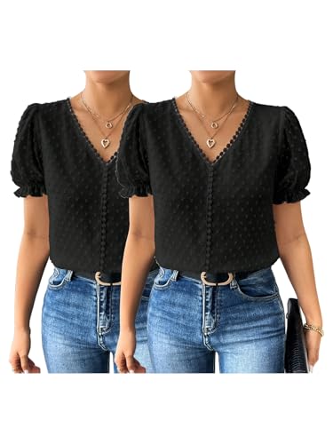 Image of Shasmi Women's Elegant French Textured Fabric Solid Color Lace Panel V-Neck Jacquard Blouse,Short Puff Sleeve Tops Simple Daily Spring /Summer Casual Blouse Shirt (Top 178)