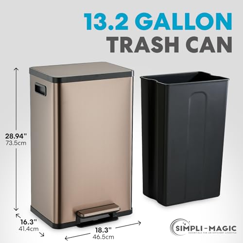 Image of SIMPLI-MAGIC 13 Gallon /50 Liter Kitchen Trash Can, Stainless Steel Step-On Garbage Bin with Side Handles, Built-In Odor Filter Holder & Removable Inner Bucket for Kitchen & Office & Bedroom, Rose Gold