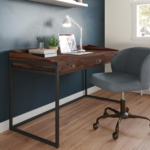 Image of SIMPLIHOME Ralston Desk - 60 Inch Wide Solid Acacia Wood and Metal Writing Desk in Distressed Charcoal Brown, Modern Industrial Home Office Computer Table with 2 Drawers and Flip-Down Keyboard Tray