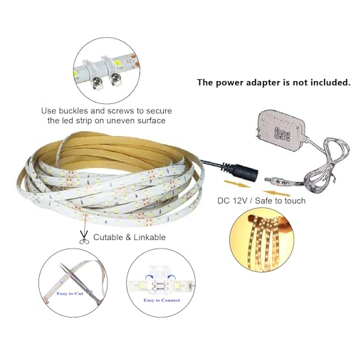 Tasodin Water-Resistance IP65, 12V Waterproof Flexible LED Strip Light, 16.4ft/5m Cuttable LED Light Strips, 300 Units 3528 LEDs Lighting String, LED Tape(Warm White), Power Adapter not Included
