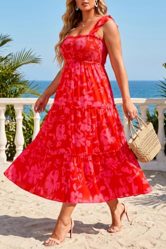 Image of Plus Size Summer Dress - Sun Boho Beach Casual Floral Tiered Smocked Long Maxi Dresses