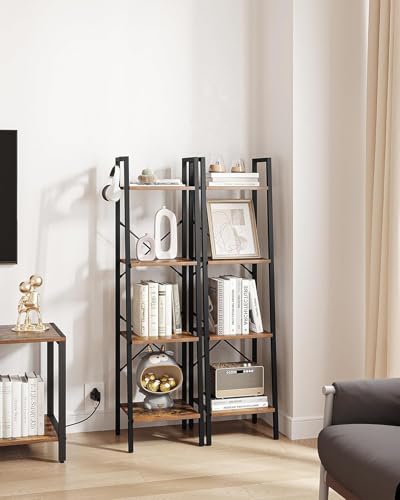 Image of Hzuaneri 4-Tier Ladder Shelf, Narrow Bookshelf, Freestanding Bookcase, Corner Storage Shelves with 2 Hooks for Home Office, Living Room, Kitchen, Bedroom, Industrial, Rustic Brown and Black BC13201B