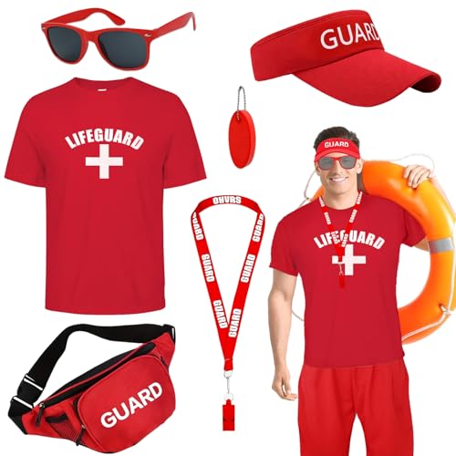 Costume de sauveteur 6 pièces pour homme, déguisement de sauveteur de plage avec t-shirt, chapeau réglable, sifflet, lunettes de soleil, porte-clés pour...