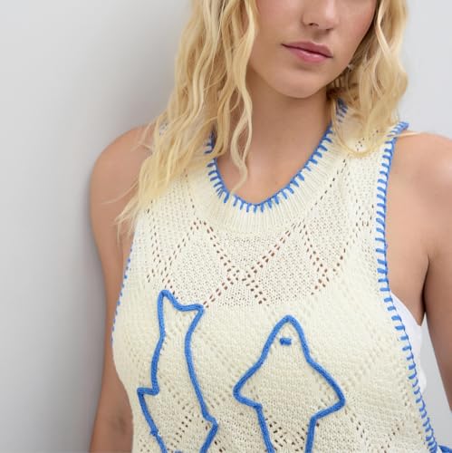 Image of Women Graphic Sweater Vest Y2k Sleeveless Lobster Pullover Top Crew Neck Lightweight Fall Knit Tank Top (Tie White Fish,L)