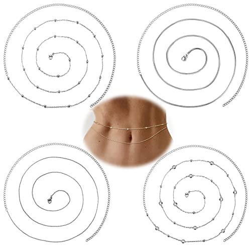 Fibo Steel 4Pcs 18K Gold Plated Waist Chains Bikini Belly Chain For Women Stainless Steel Minimalist Bikini Body Chain Jewelry For Summer Beach Adjustable Silver Tone #TOP10