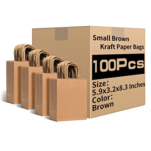 RACETOP Brown Kraft Paper Bags with Handles Bulk, 5.9"x3.2"x8.3" 100Pcs Brown Gift Bags, Portable Paper Bags, Gift Bags Bulk, Goodie Bag, Retail Bags, Gift Wrap Bags, Shopping Bags