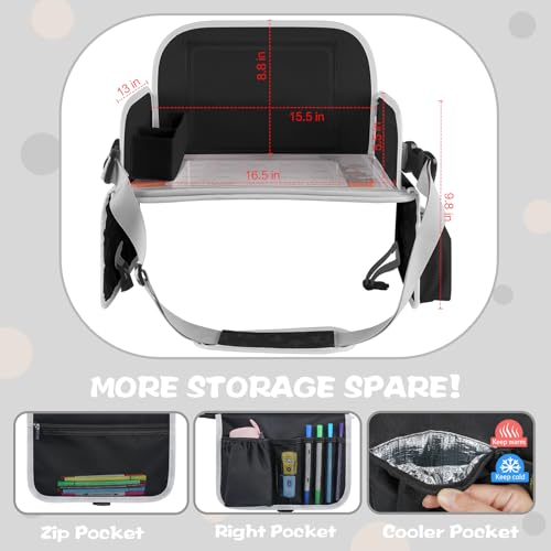 Image of MENZOKE Kids Travel Tray for Car Seat, Road Trip Essential Kids Lap Tray | Toddler Gift for Boy Activities with Dry Erase Board, No-Drop iPad Holder Stand, Cooler Cup Holder & Adjustable Strap, Black