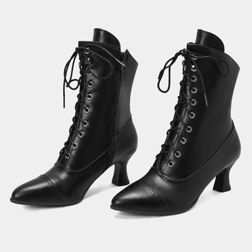 Betastella Womens Vintage Style Renaissance Boots Kitten Heel Lace Up Victorian Boots Pointed Toe Chunky Heel Ankle Boots Wingtip Witch Booties4