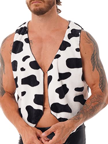 TTAO Mens Halloween Open Front Cardigan V Neck Sleeveless Vest Cow Printed Flannel Waistcoat Tops