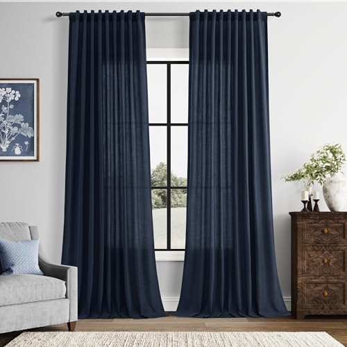 Nanspring Linen Curtains 84 Inches Long for Living Room Semi Sheer Light Filtering Curtain Back Tab Rod Pocket Neutral Boho Modern Farmhouse Decor Window Drapes for Bedroom 52x84 2 Panels Navy Blue