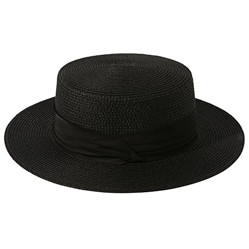 Image of Lanzom Sun Hats for Women Wide Brim Straw Boater Hat Foldable Packable Beach Hat for Summer Fit Size 6 8 /7-7 1 /4