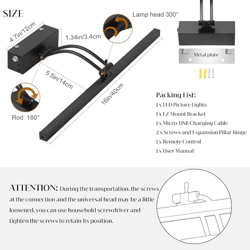 Image of 4 Pack Battery Picture Lights, 5200mAh Rechargeable Picture Lights with Remote Timer & Dimmable, CRI95+ 16 inch Adjustable Art Light for Paintings Display, Frame, Gallery, Wall Art Accent Light, Black