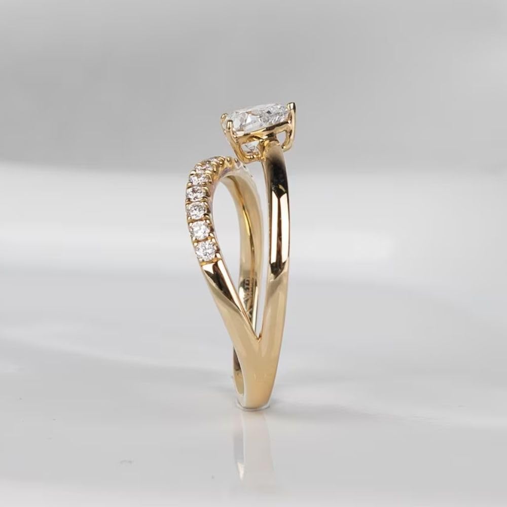 Silvart 1 Ct Heart Diamond Unique Art Deco Vintage Bypass Shank Classic Solitaire Ring For Women 14K Yellow Gold Plated Thin Minimalist Ring 925 Sterling Silver Elegant Anniversary Ring Gift For Her
