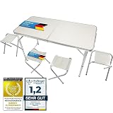 GOODS+GADGETS Klappbarer Multifunktionstisch Mehrzwecktisch Campingtisch Klapptisch Markttisch höhenverstellbarer Tapeziertisch Beistelltisch zum Campen (Camping Set mit 4 Stühlen - Weiß)