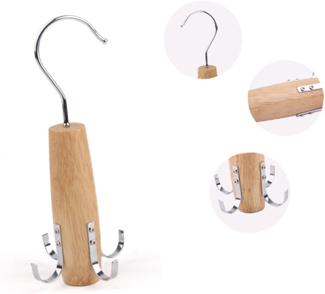 Multifunctional 4-Hook Rotating Tie Rack Wooden Scarf and Belt Organizer for Closet Storage Space-Saving Accessory Holder