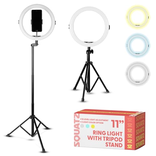 Squatz 11' Selfie Ring Light with 61' Tripod Stand, LED Ring Light with Phone Holder, Wired Control...
