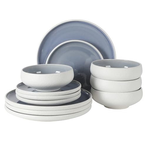 Image of Gibson Elite Pacifco Beach Plates and Bowls Sets, 12-Piece Stoneware Dinnerware Sets, Reactive Glaze Dish Set - Blue