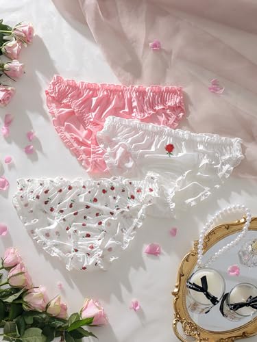 Verdusa Women'S 3Pack Frill Trim Satin Underwear Briefs Panty Set White/Pink/Floral Medium thumb #4
