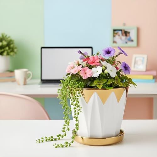 Image of Xtore Striking Geometric Ceramic Planter with Gold Accents & Drainage Tray | Sculpted Indoor Plant Pot for Tabletop, Desk & Living Space Styling (White & Gold) - Planter only