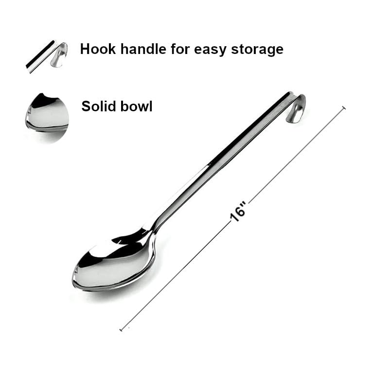 Professional Serving Spoons with Hook Handles, 16 Inch, Set of 4, Silver, Solid & Perforated, Kitchen and Servingware, Spoon Set - Image 6